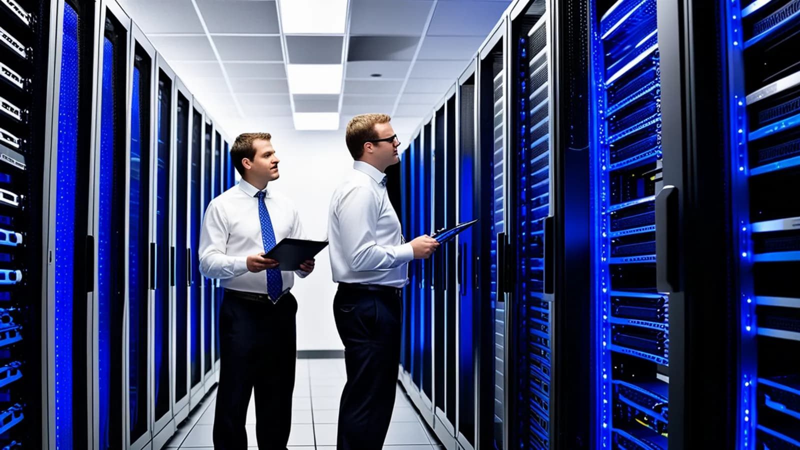 Infrastructure engineers reviewing dashboards in a modern datacenter aisle