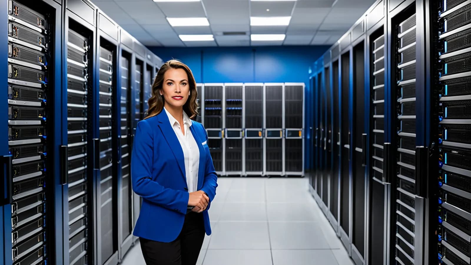 Engineer walking the aisle of a dense private cloud core with server racks, fiber, and storage arrays.