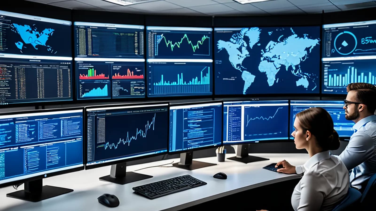 Security operations analysts investigating threat signals on monitoring dashboards in a calm SOC.