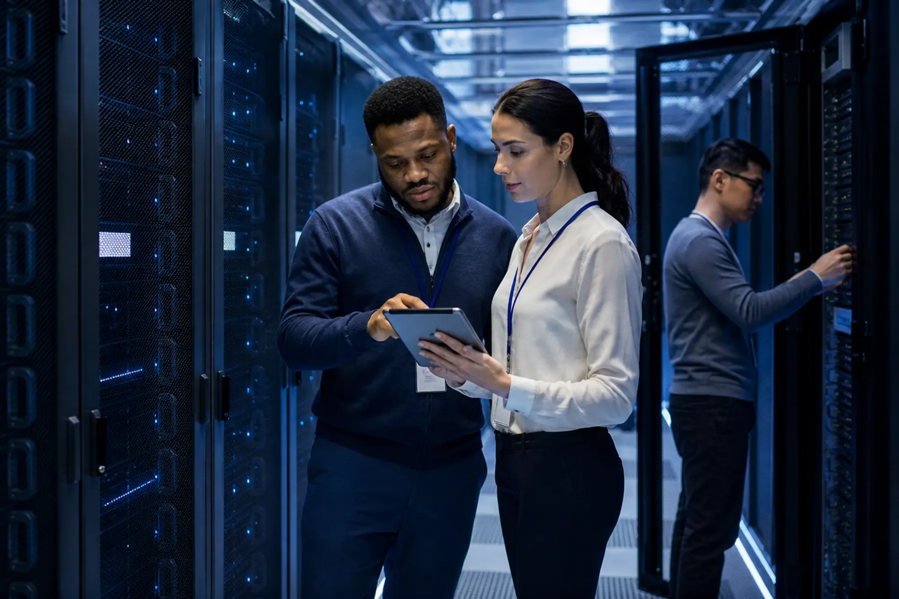 Infrastructure engineers reviewing dashboards in a modern datacenter aisle