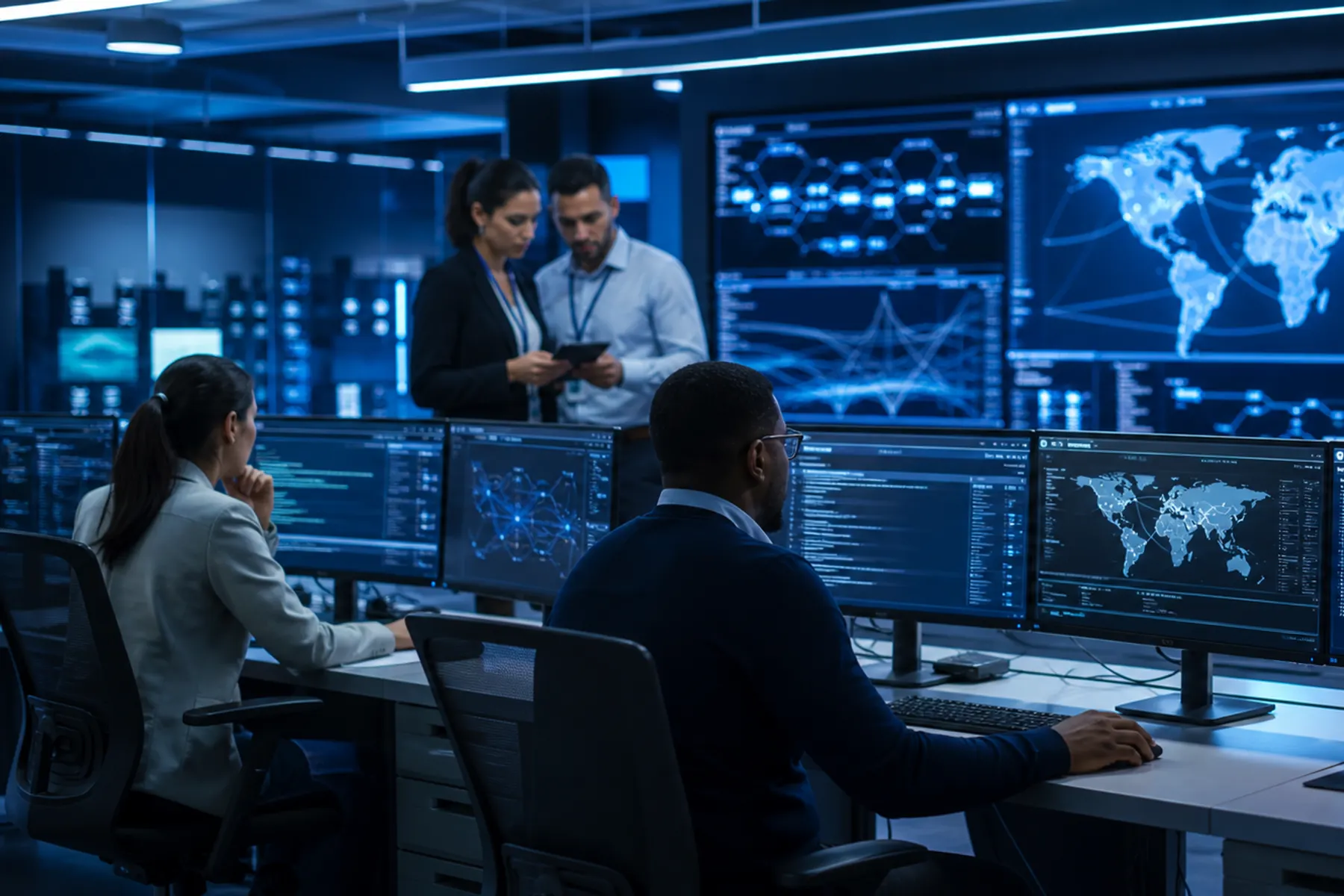 Cybersecurity analysts monitoring abstract security dashboards in a modern SOC