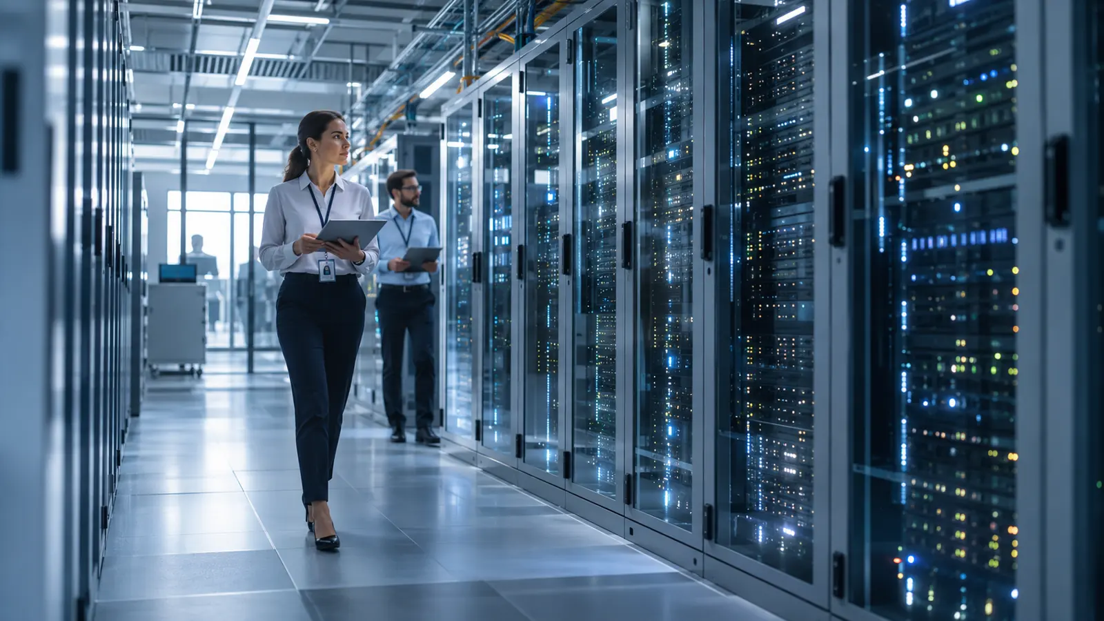 Two people walking among server racks in an illustrative data center scene