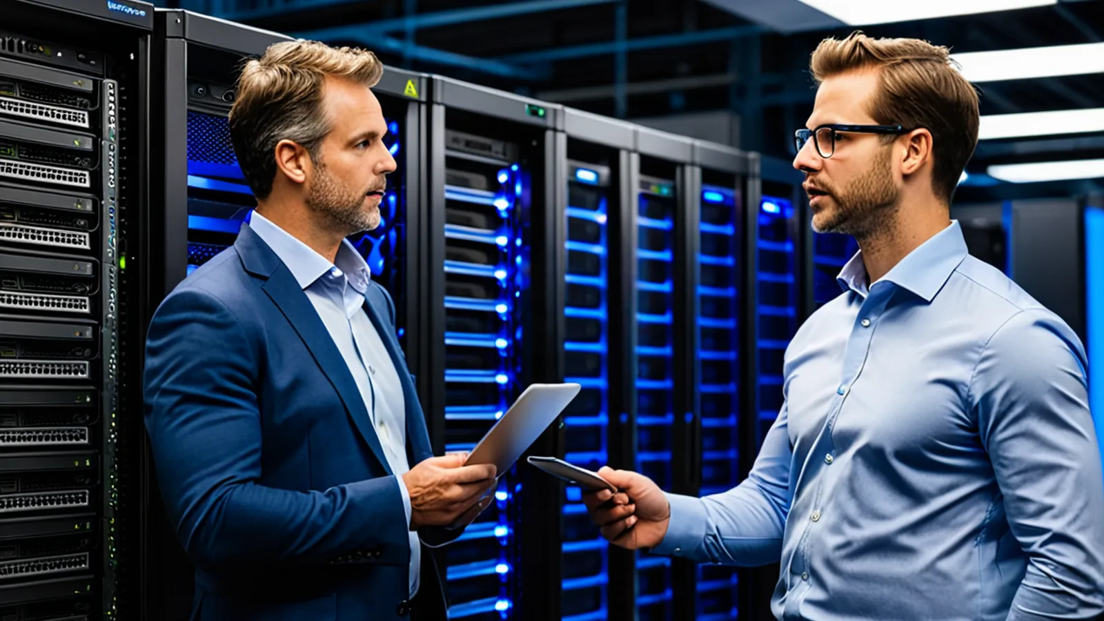 An engineer explaining private AI infrastructure beside GPU server racks.