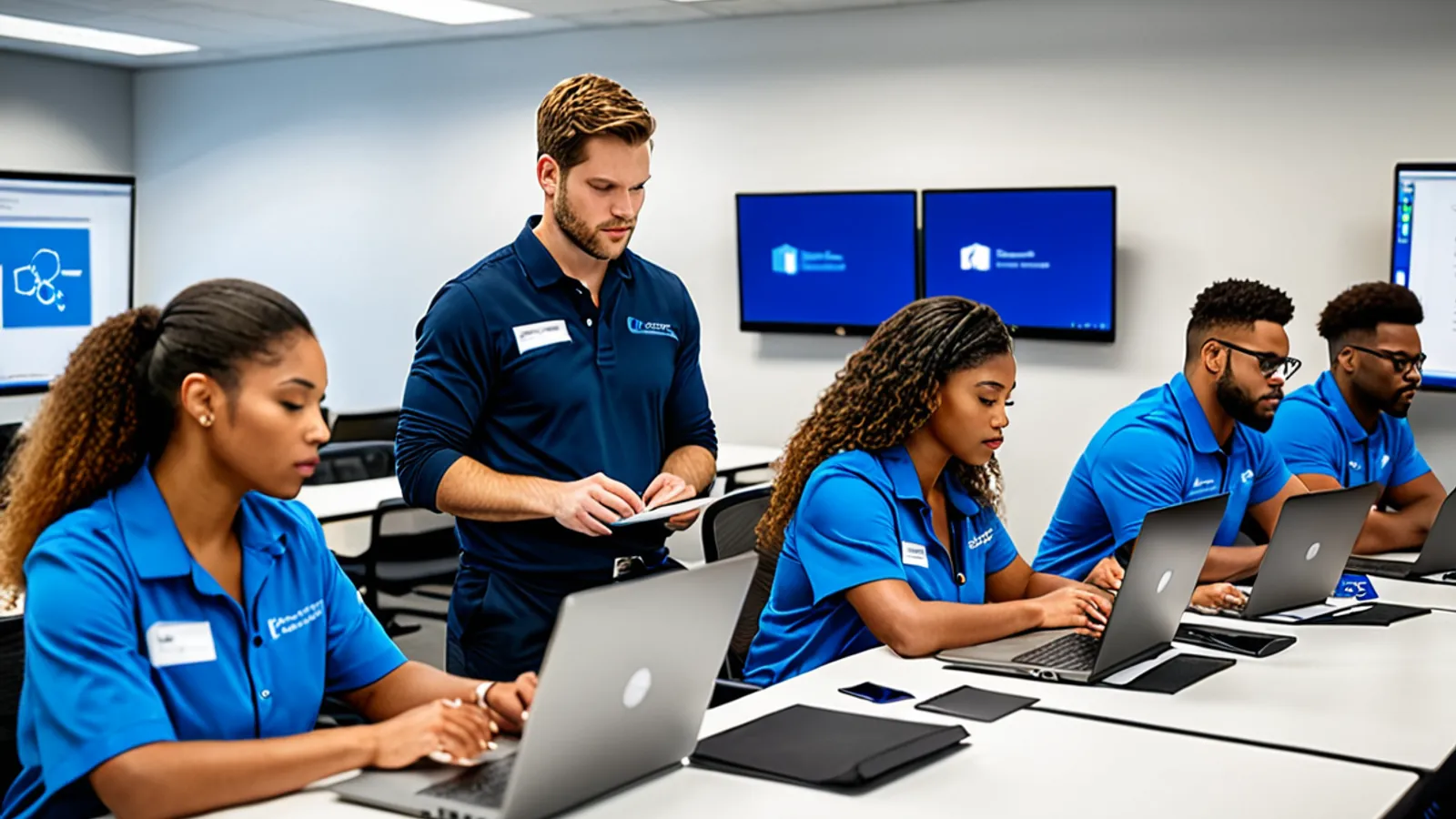 Instructor guiding students through a hands-on hybrid cloud training lab.