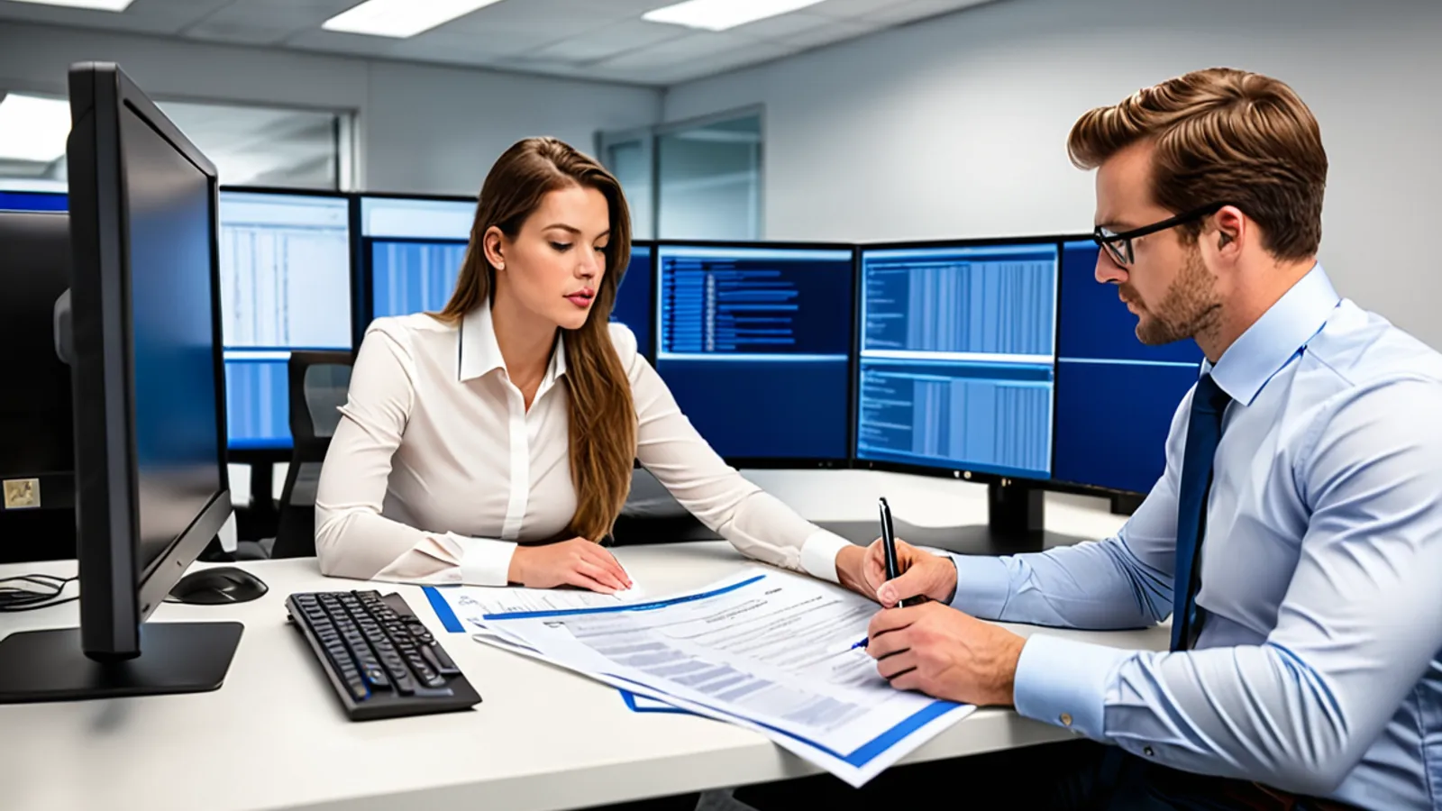 Tax and accounting professionals reviewing secure client document workflows with an IT specialist in a modern firm.