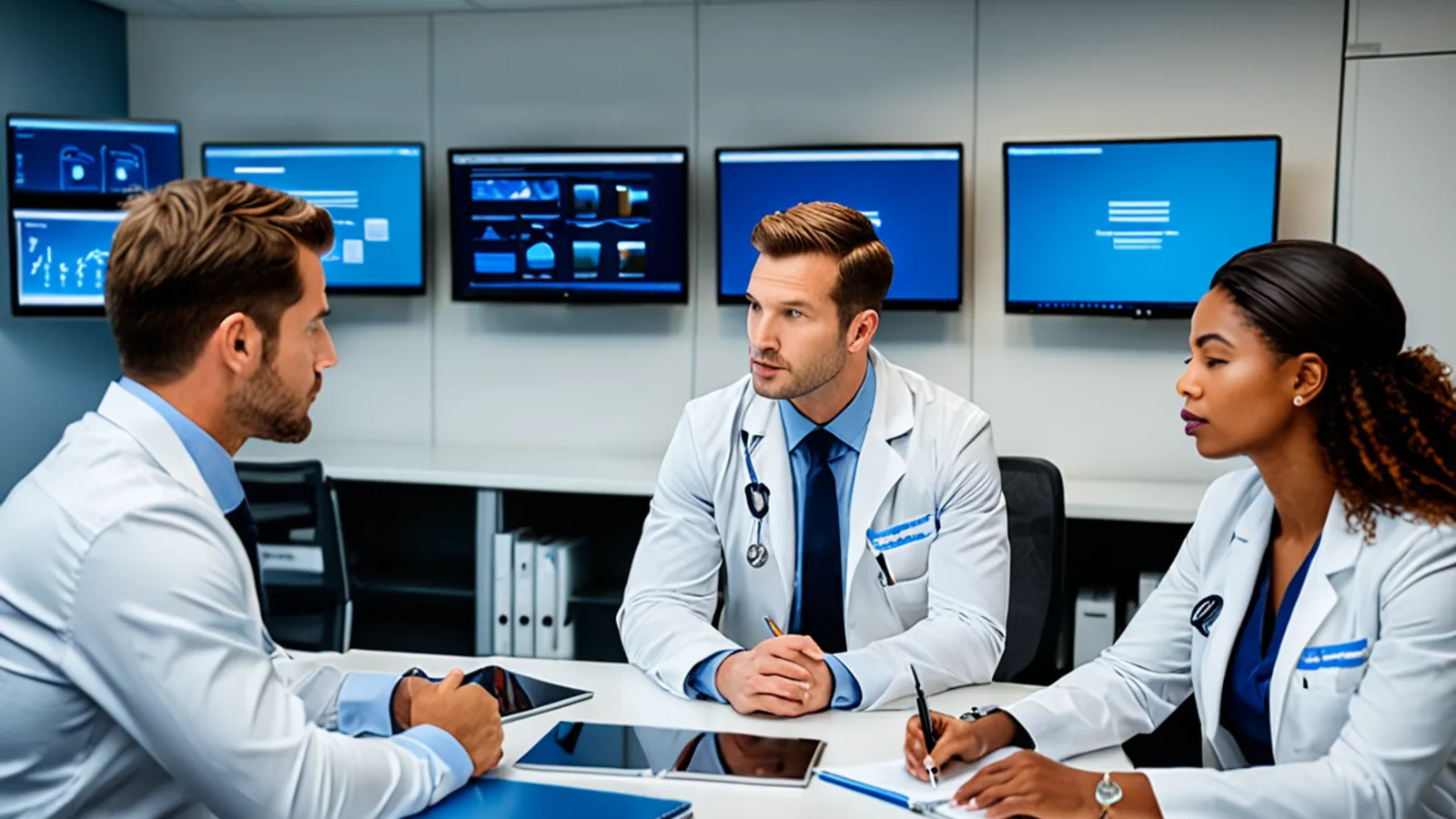 Healthcare leaders and an IT specialist reviewing an abstract operations dashboard.