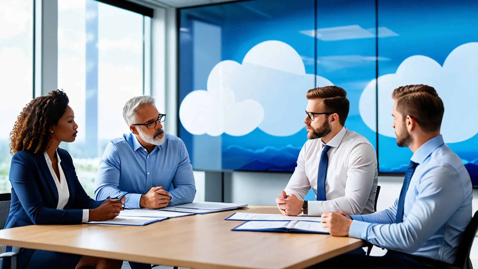 Executives and engineers reviewing an unlabeled cloud infrastructure dashboard in a modern meeting room.