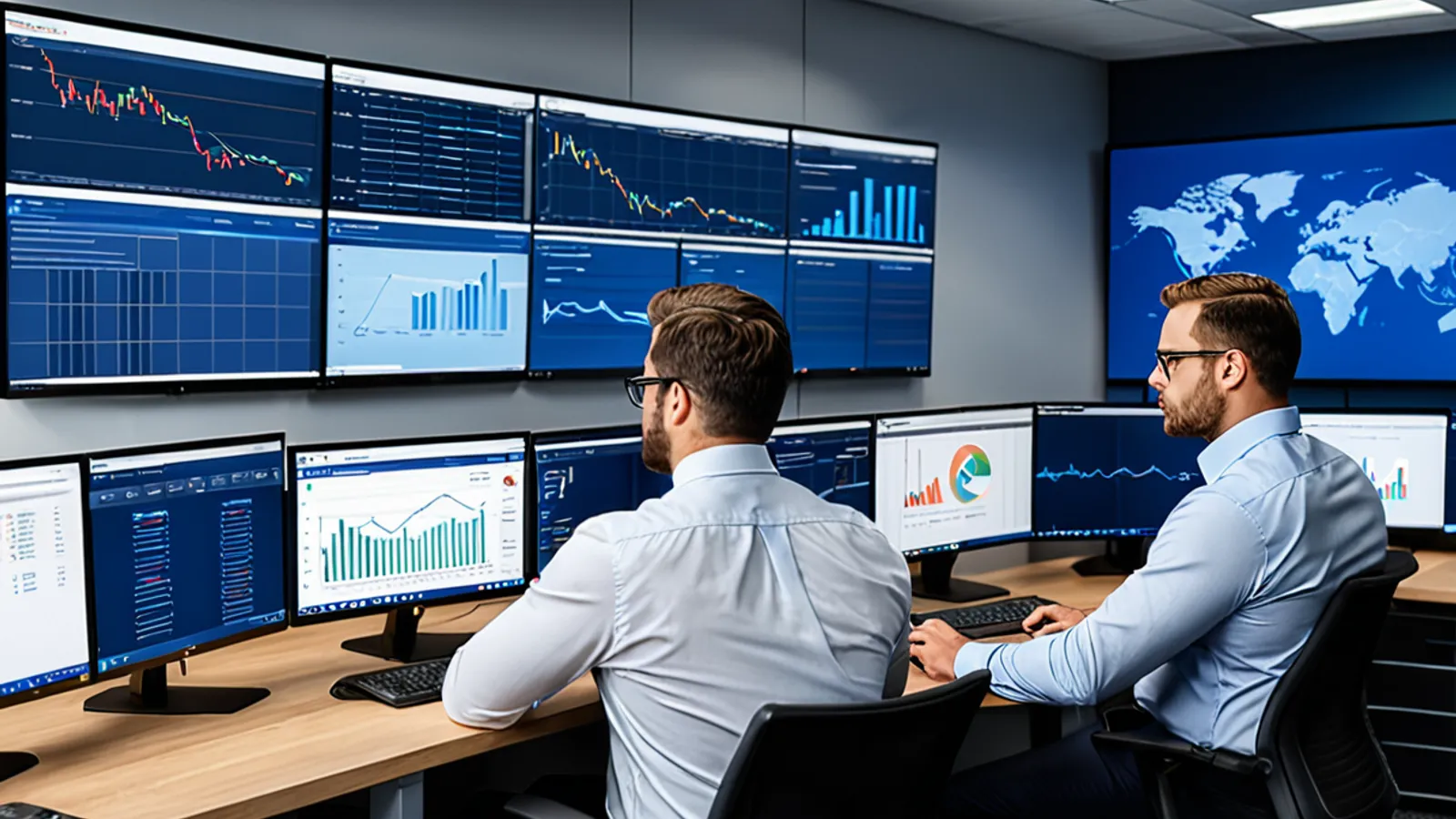 IT support engineer helping a business professional review an abstract technology dashboard