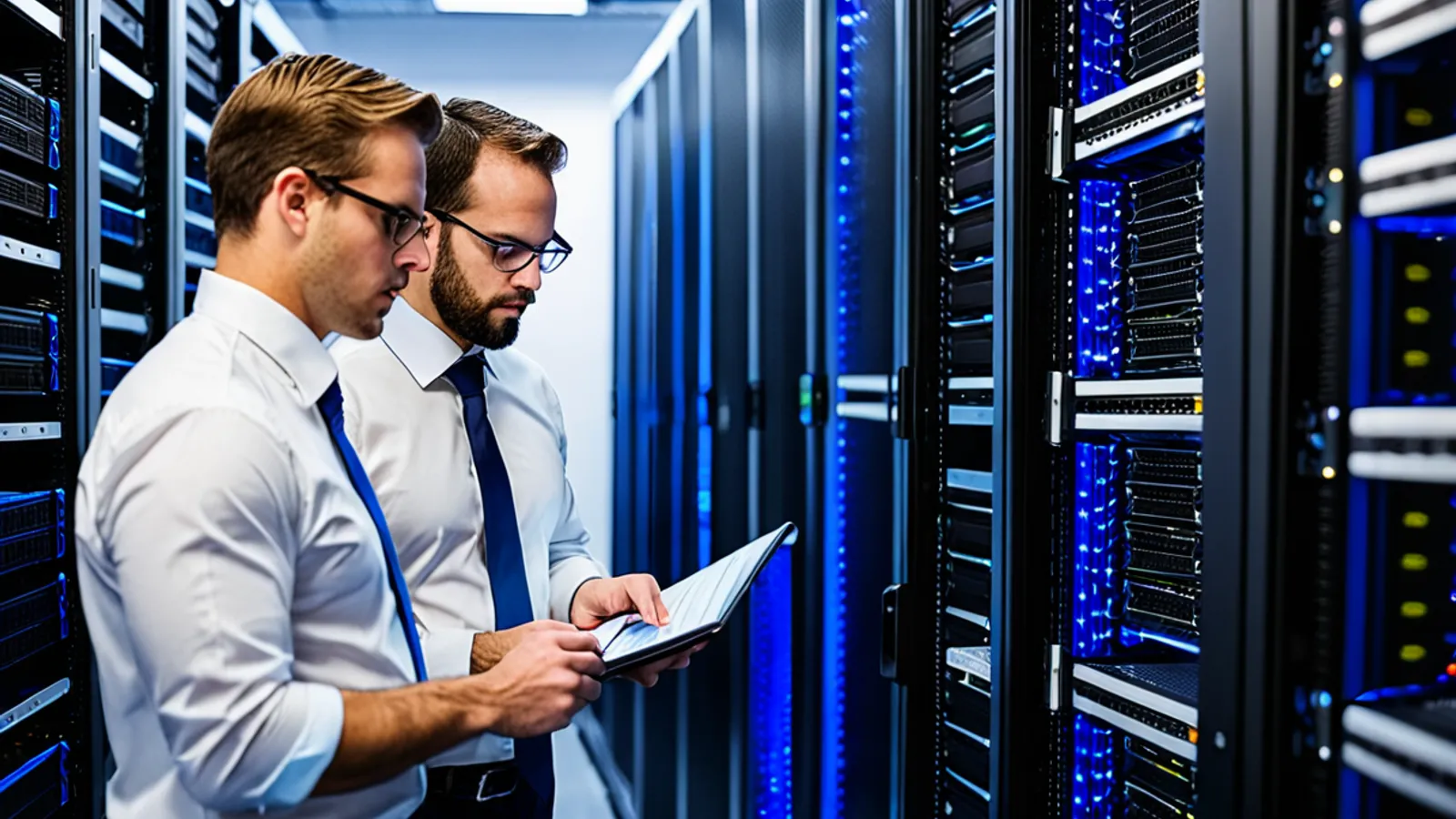Engineers inspecting private cloud server racks in a clean datacenter cold aisle.