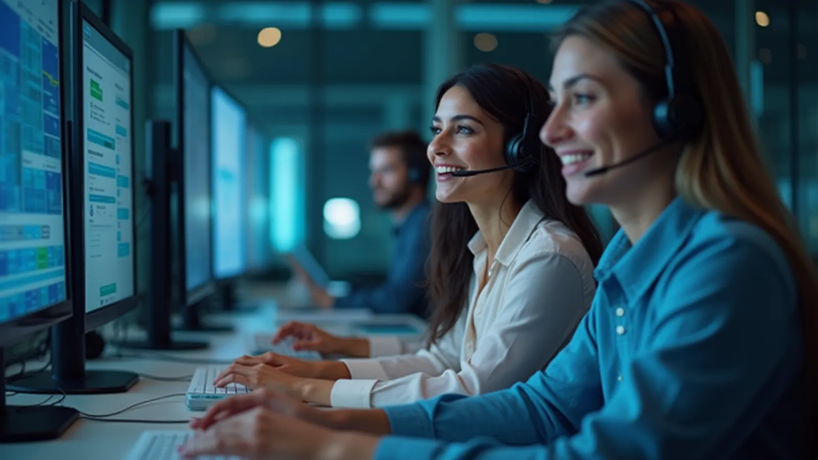 Managed IT support engineers collaborating in a calm network operations center.