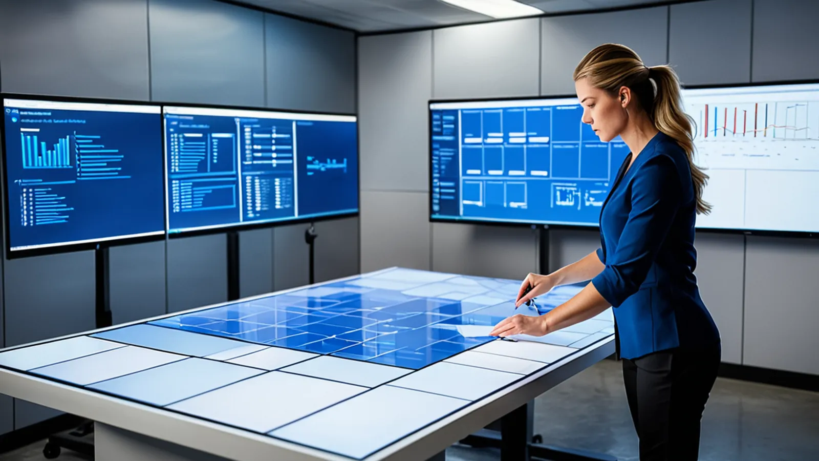 An operations team arranging abstract automation workflow blocks in a premium office.